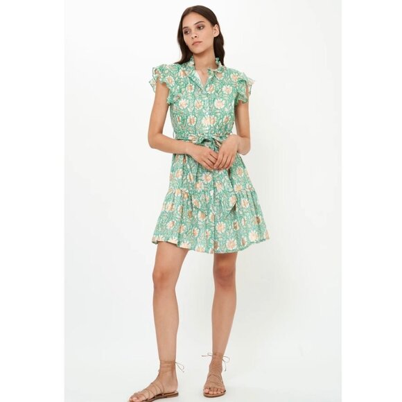 Oliphant Green Ruffle Collar Button Mini Dress - Picture 2 of 9